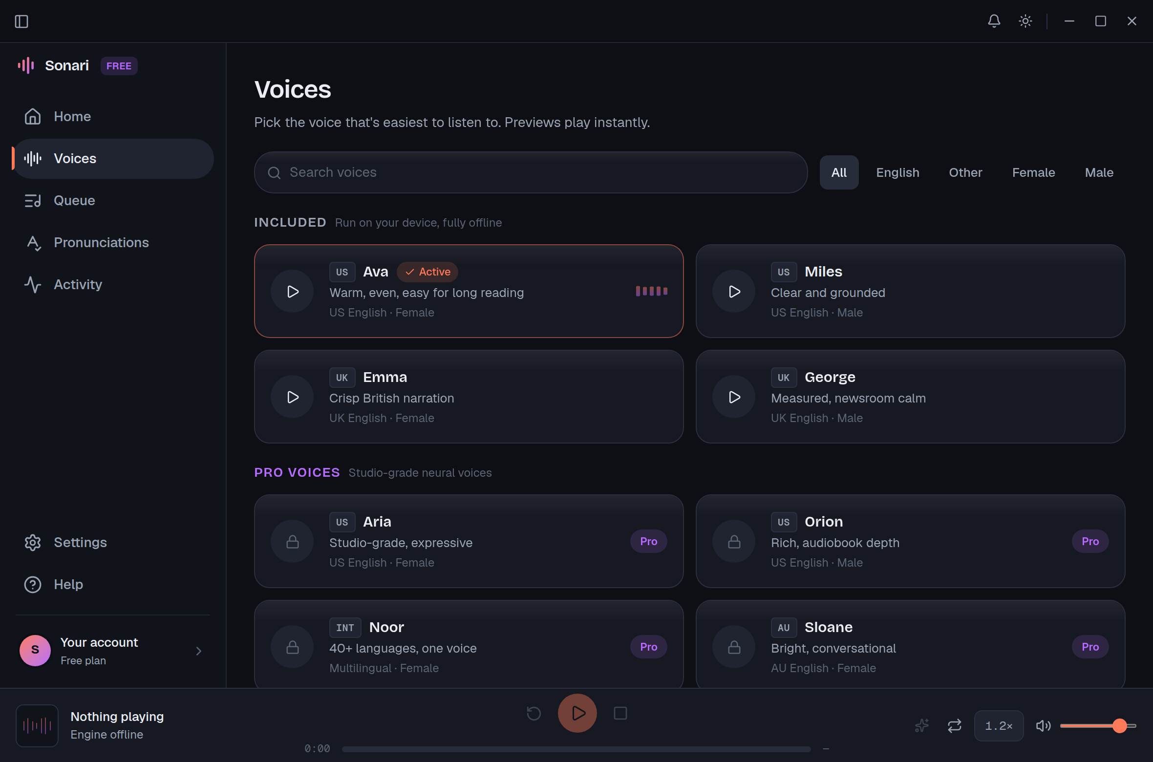 The Voices screen showing the four free local voices and Pro studio voices (coming soon).